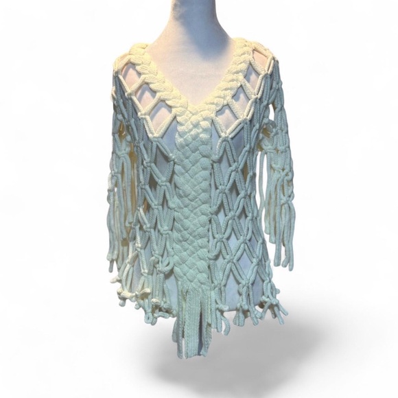 VTG Macramae Sweater  Wool Blend Small P-P20L33 Ivory - Picture 2 of 6